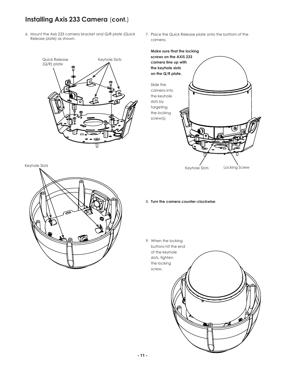 Installing axis 233 camera, Cont. ) | Axis Communications 25734 User Manual | Page 11 / 14
