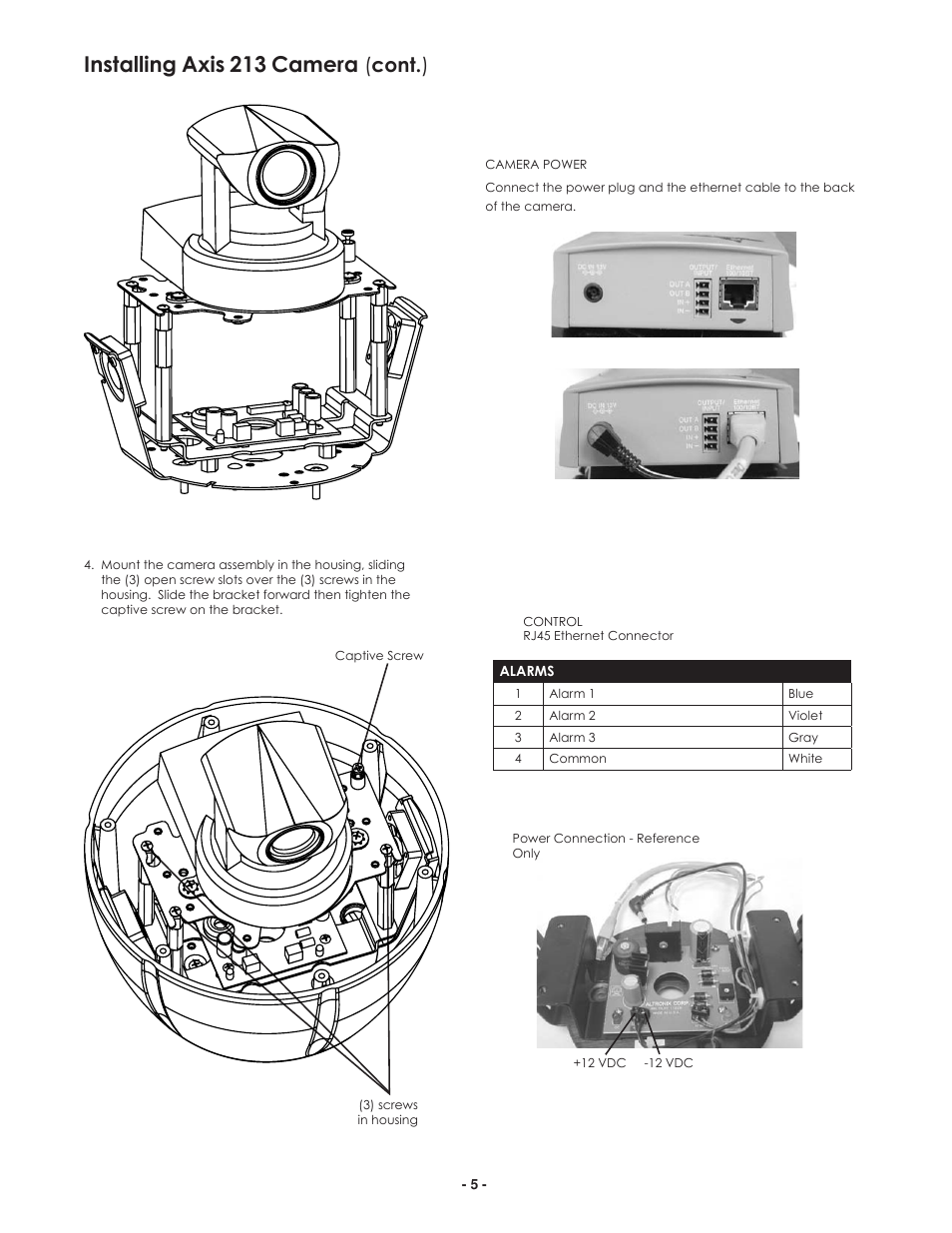 Installing axis 213 camera, Cont. ) | Axis Communications 25734 User Manual | Page 5 / 14