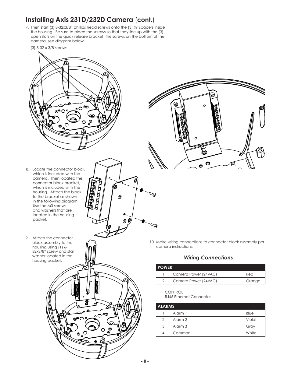 Cont. ), Wiring connections | Axis Communications 25734 User Manual | Page 8 / 14