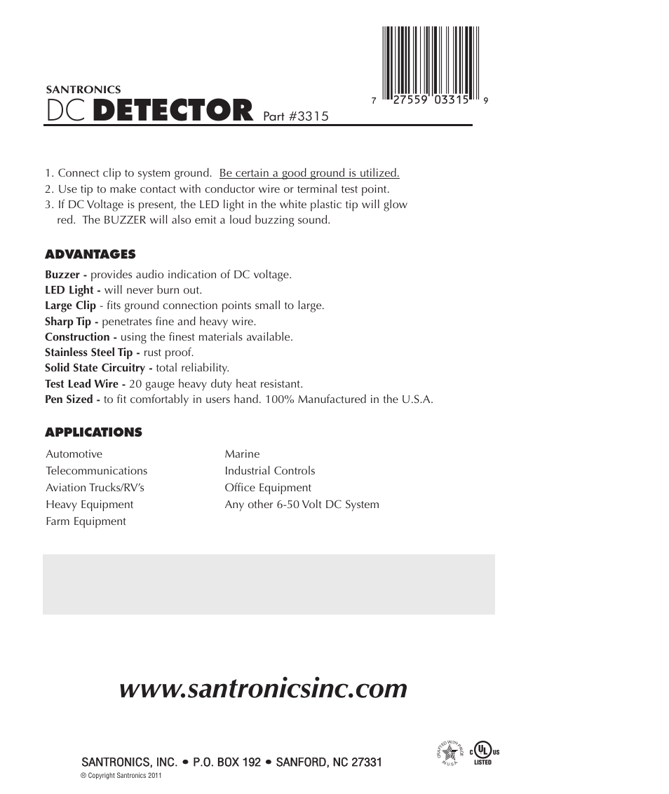Santronics DC Detector  User Manual | 1 page