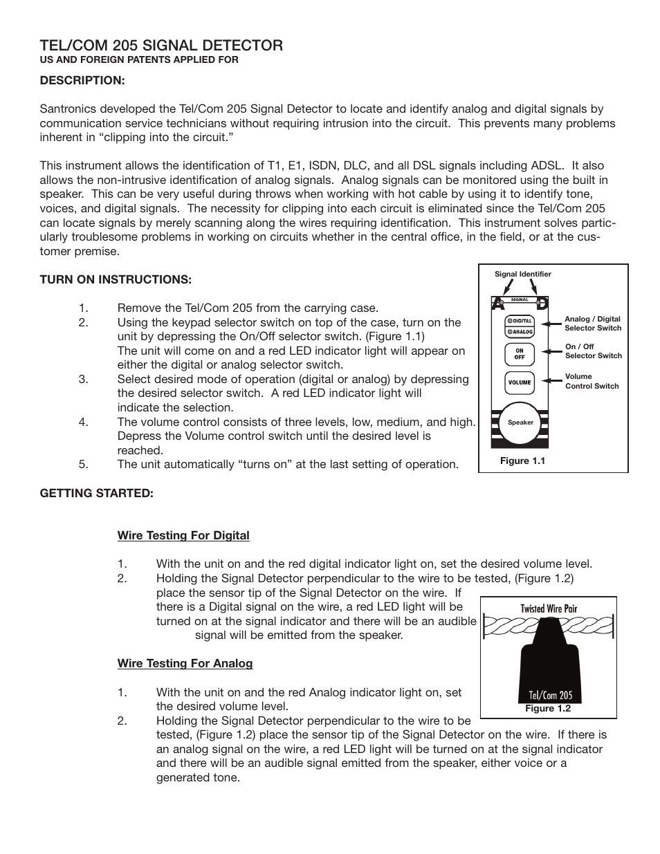 Tel/com 205 signal detector | Santronics TelCom 205 Digital/Analog Signal Detector User Manual | Page 2 / 3