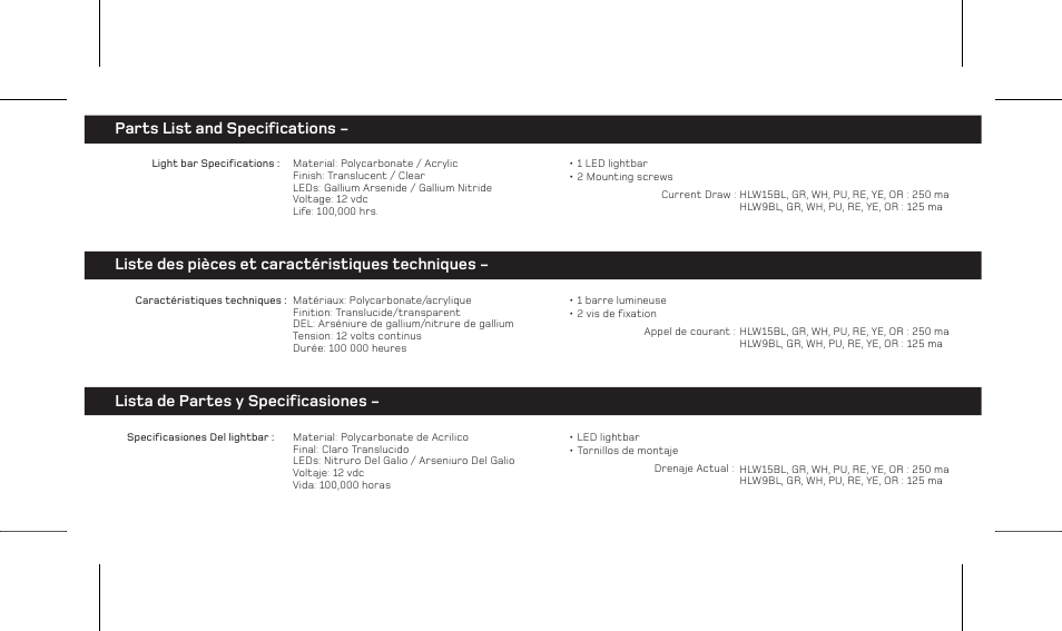 Im-hlwv2.pg5.pdf, Liste des pièces et caractéristiques techniques, Parts list and specifications | Lista de partes y specificasiones | Varad HLW9 / HLW15 - Interior Light bars User Manual | Page 5 / 6