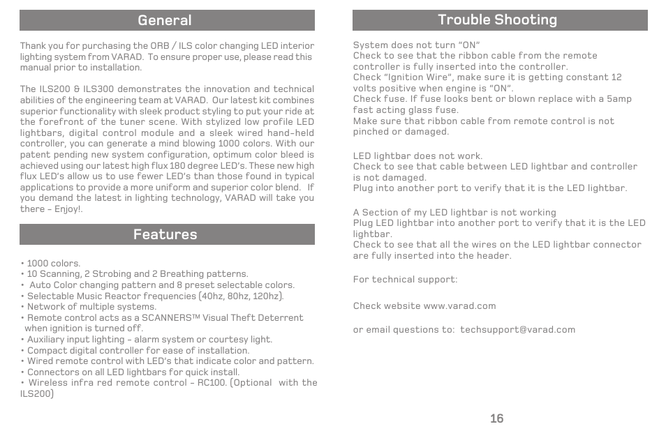 General, Features warrant, Trouble shooting | Varad ILS200 / ILS300 - Color Changing Interior Lighting System User Manual | Page 2 / 10
