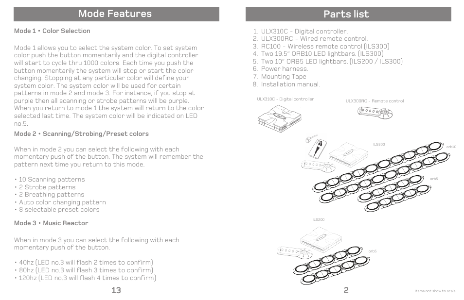 Parts list, Mode features | Varad ILS200 / ILS300 - Color Changing Interior Lighting System User Manual | Page 5 / 10