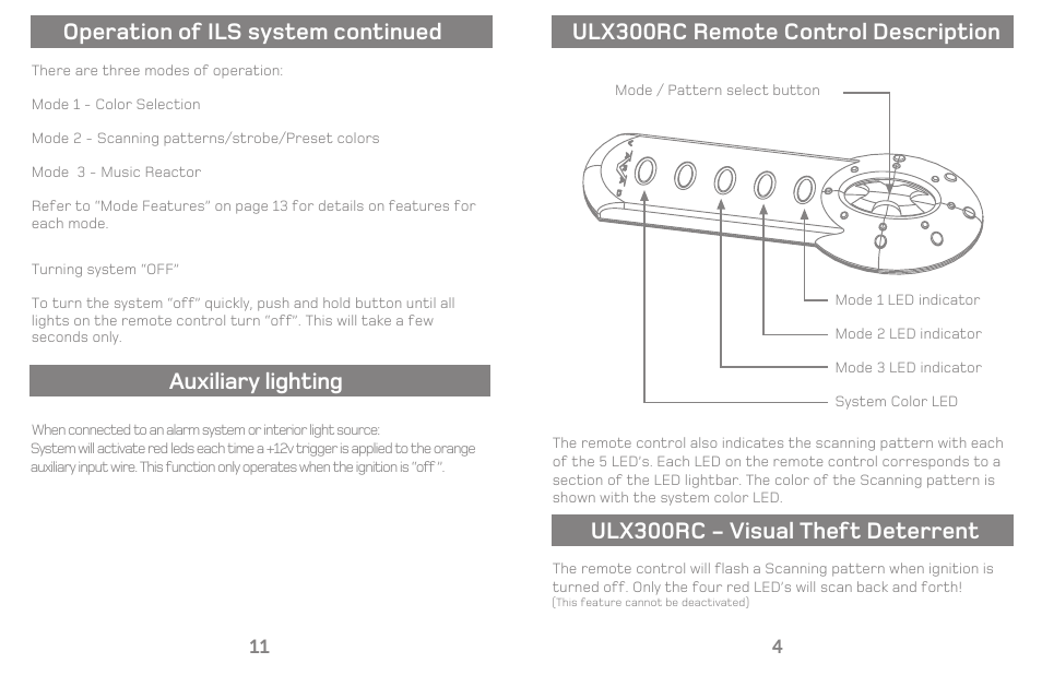 Operation of ils system continued, Ulx300rc remote control description, Ulx300rc - visual theft deterrent | Auxiliary lighting | Varad ILS200 / ILS300 - Color Changing Interior Lighting System User Manual | Page 7 / 10