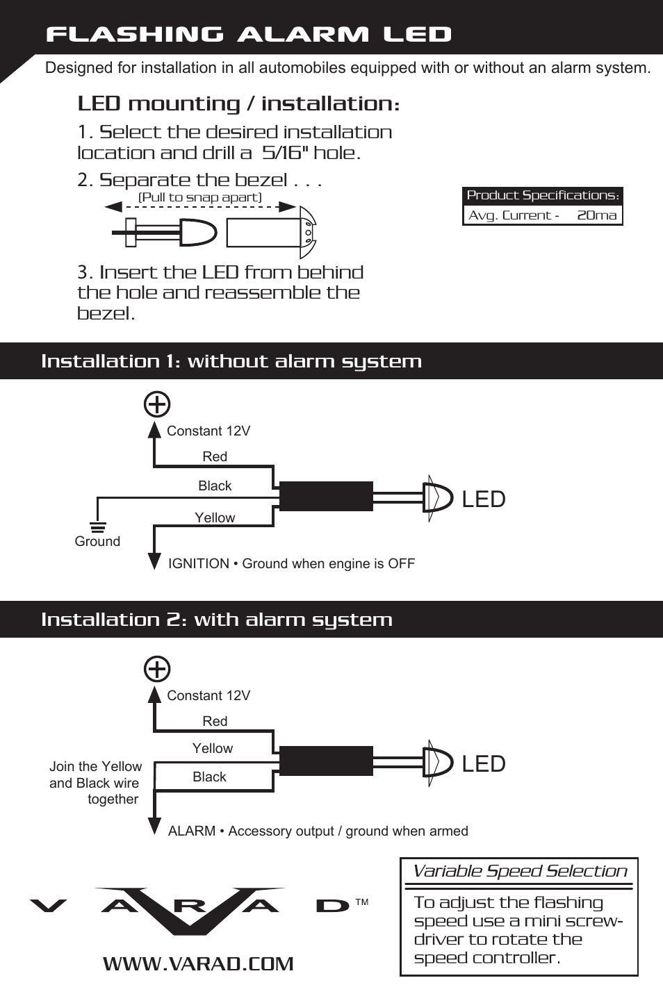 Varad LL - Flashing Alarm LED User Manual | 1 page