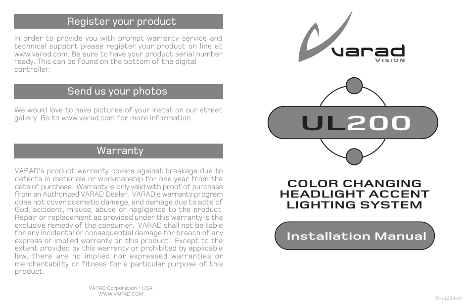 Varad UL200 - Solid LED Under Car Lighting System User Manual | 4 pages