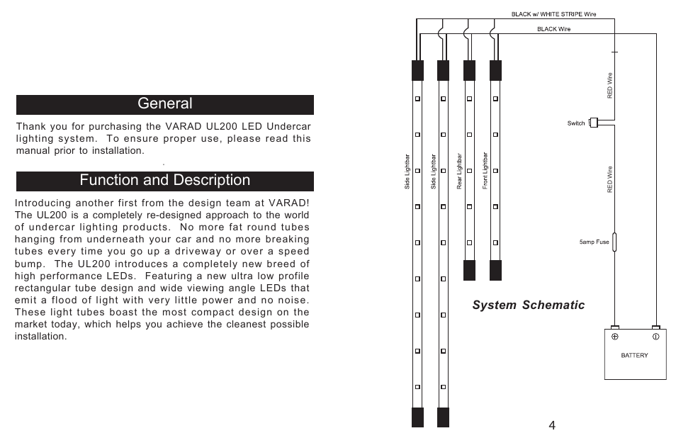 Im-ul200v4pg2.pdf, General function and description, System schematic | Varad UL200 - Solid LED Under Car Lighting System User Manual | Page 2 / 4