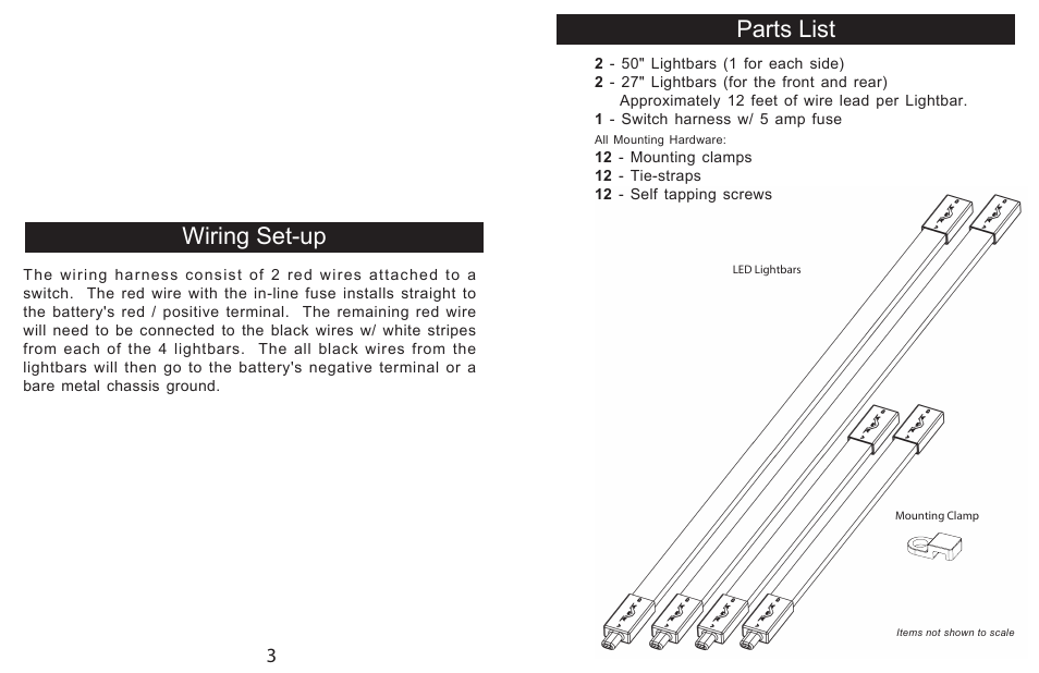 Im-ul200v4pg3.pdf, Parts list, Wiring set-up | Varad UL200 - Solid LED Under Car Lighting System User Manual | Page 3 / 4