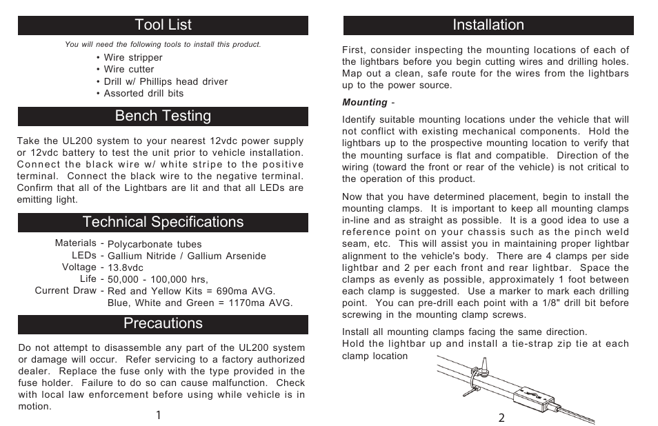 Im-ul200v4pg4.pdf, Installation, Tool list | Bench testing technical specifications, Precautions | Varad UL200 - Solid LED Under Car Lighting System User Manual | Page 4 / 4