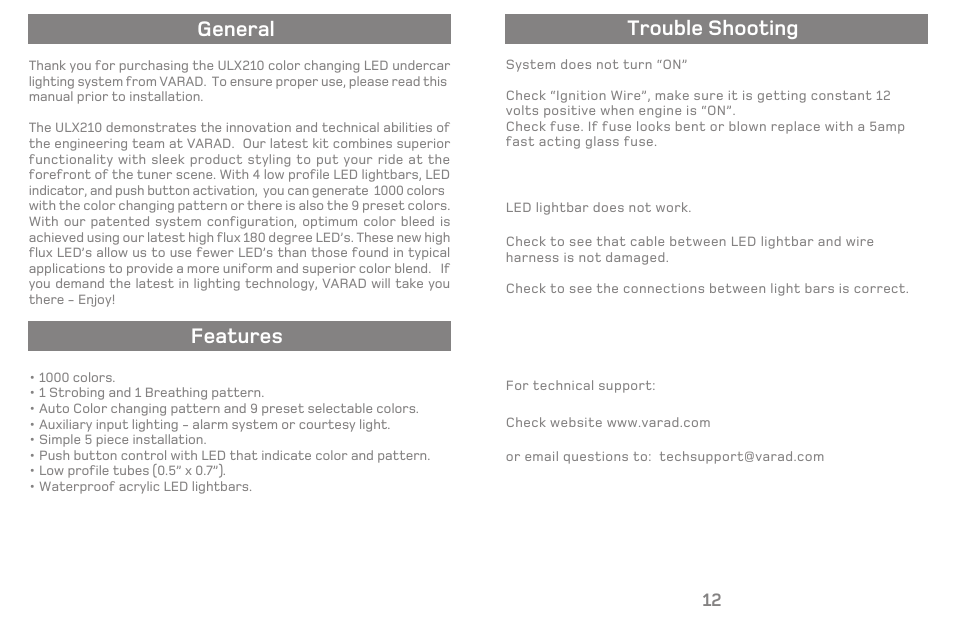 General, Features warrant, Trouble shooting | Varad ULX210 - Color Changing LED Under Car Lighting System User Manual | Page 2 / 8