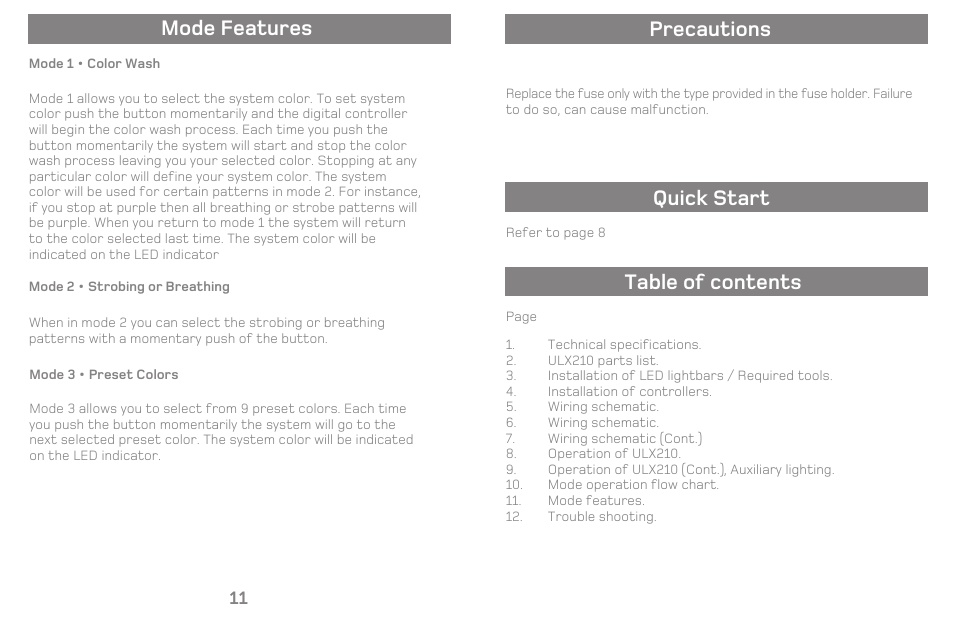 Precautions quick start table of contents, Mode features | Varad ULX210 - Color Changing LED Under Car Lighting System User Manual | Page 3 / 8