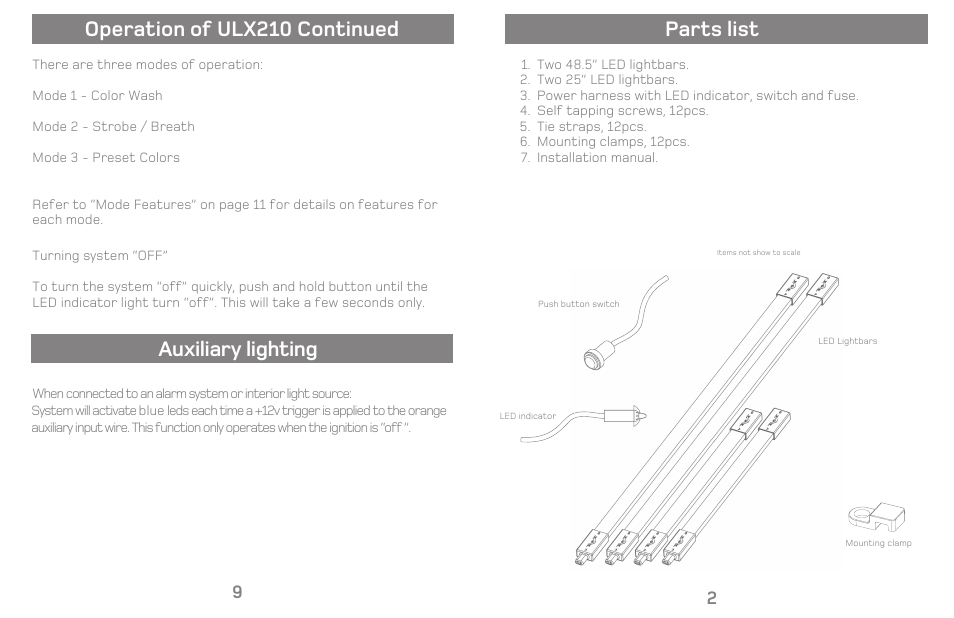 Parts list, Operation of ulx210 continued, Auxiliary lighting | Varad ULX210 - Color Changing LED Under Car Lighting System User Manual | Page 5 / 8