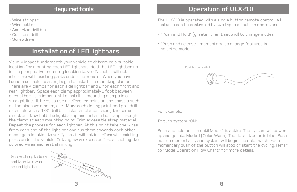 Installation of led lightbars, Operation of ulx210, Required tools | Varad ULX210 - Color Changing LED Under Car Lighting System User Manual | Page 6 / 8