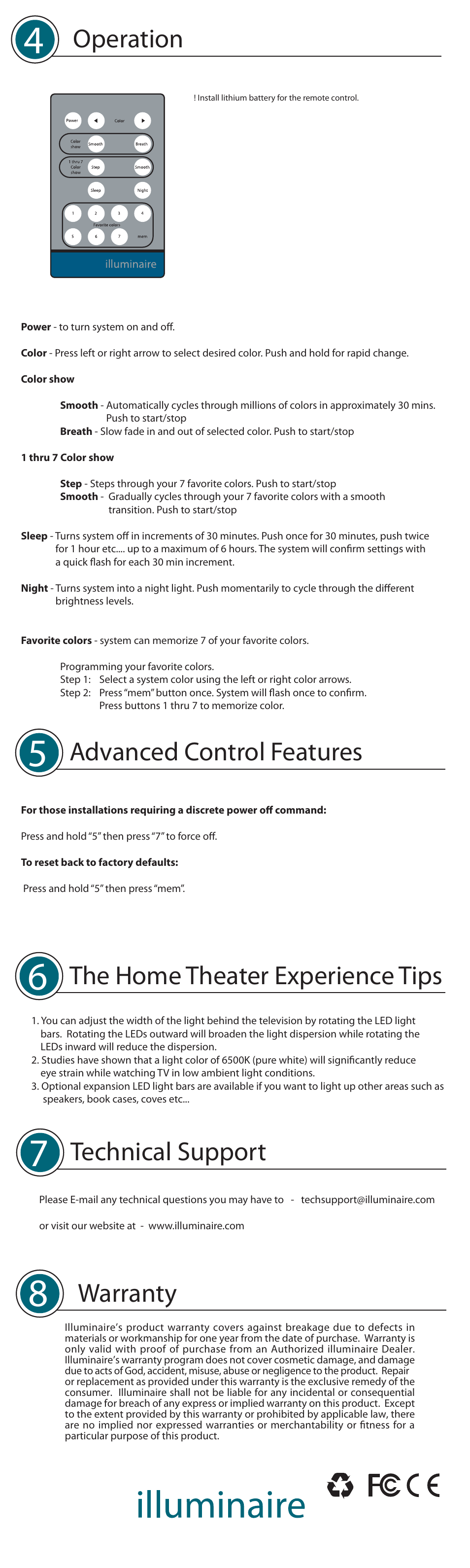 Operation, Warranty, Technical support | Advanced control features, The home theater experience tips | Varad PLX318 User Manual | Page 2 / 2