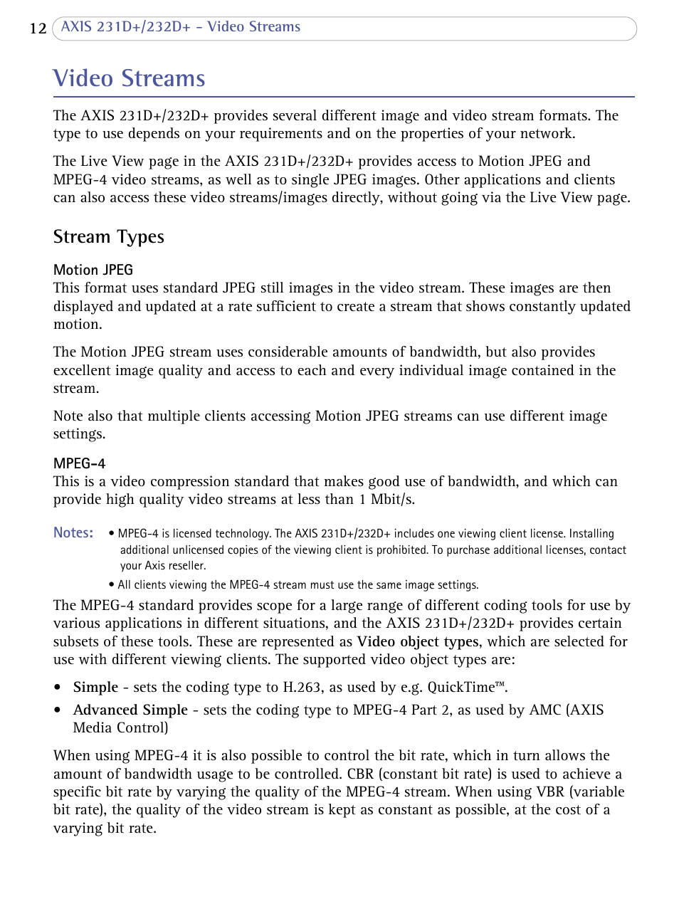 Video streams, Stream types | Axis Communications 231D+/232D+ User Manual | Page 12 / 70