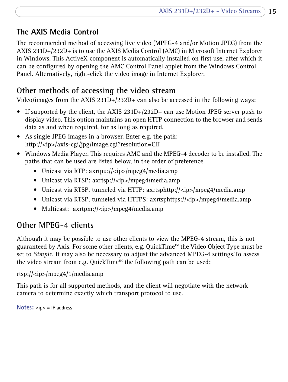 Other methods of accessing the video stream, Other mpeg-4 clients, The axis media control | Axis Communications 231D+/232D+ User Manual | Page 15 / 70