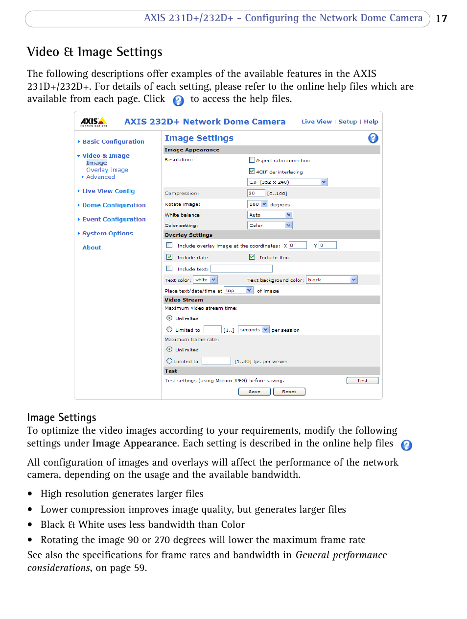 Video & image settings | Axis Communications 231D+/232D+ User Manual | Page 17 / 70