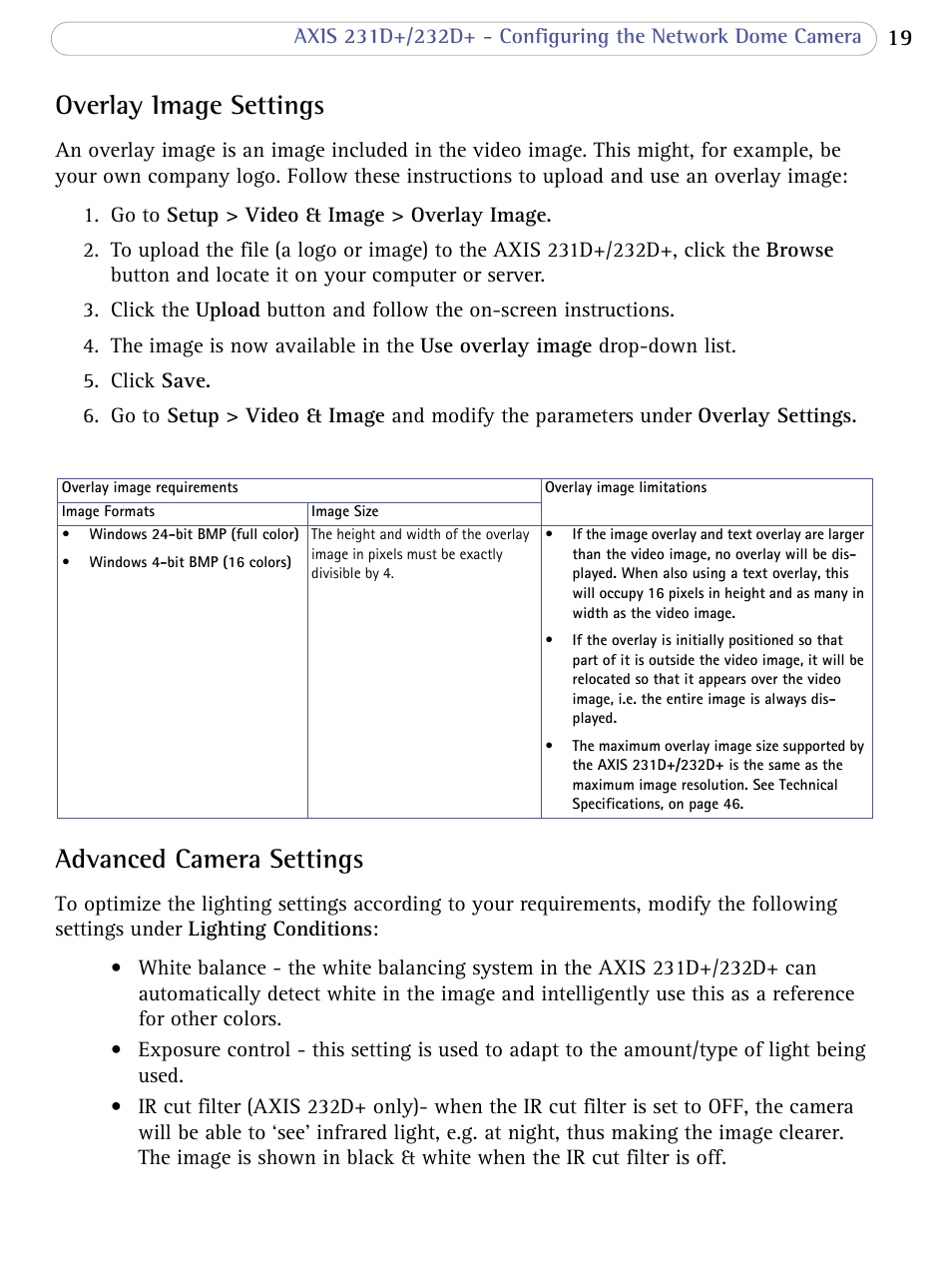 Overlay image settings, Advanced camera settings, Overlay image settings advanced camera settings | Axis Communications 231D+/232D+ User Manual | Page 19 / 70