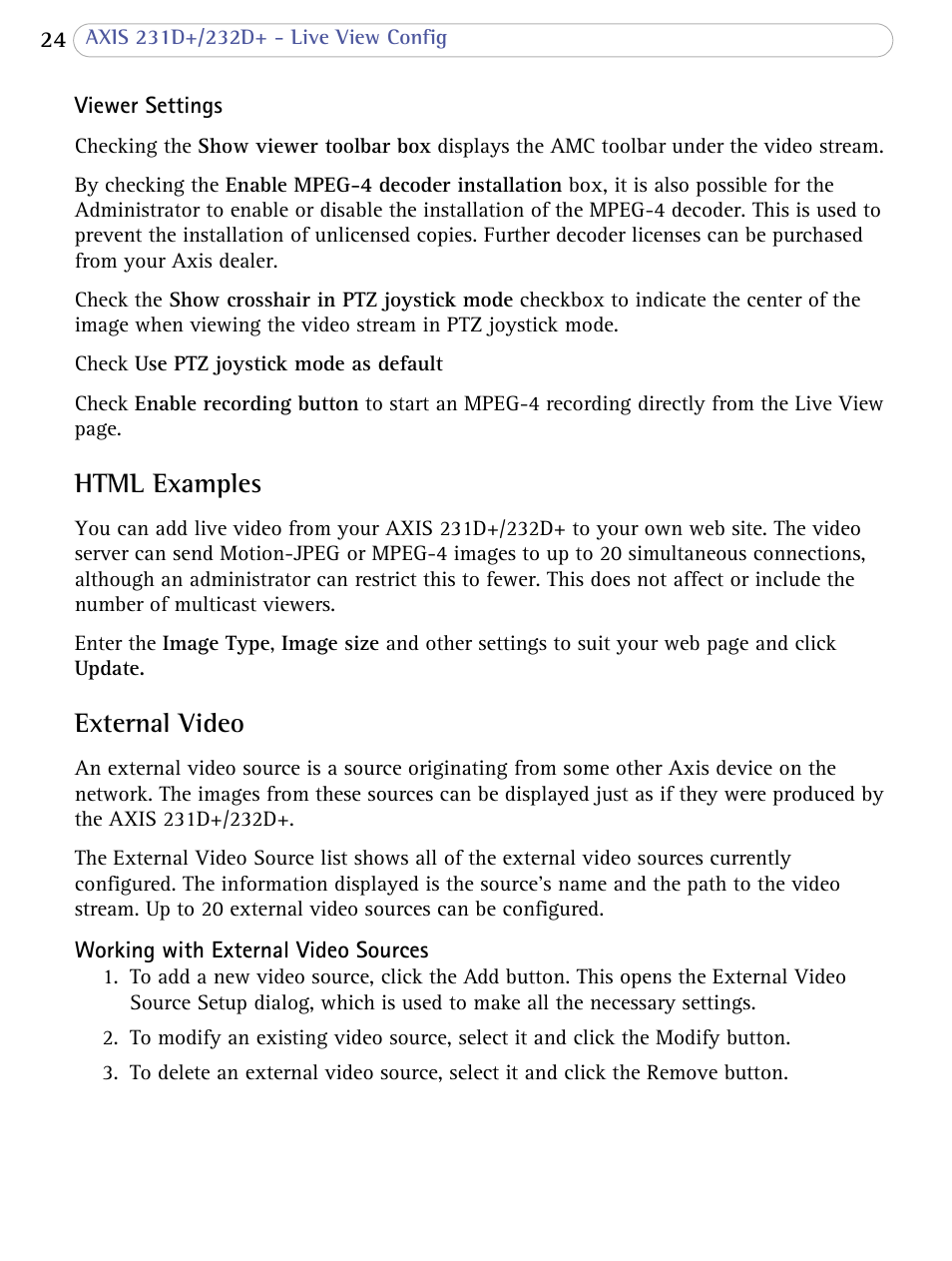 Html examples, External video, Html examples external video | Axis Communications 231D+/232D+ User Manual | Page 24 / 70