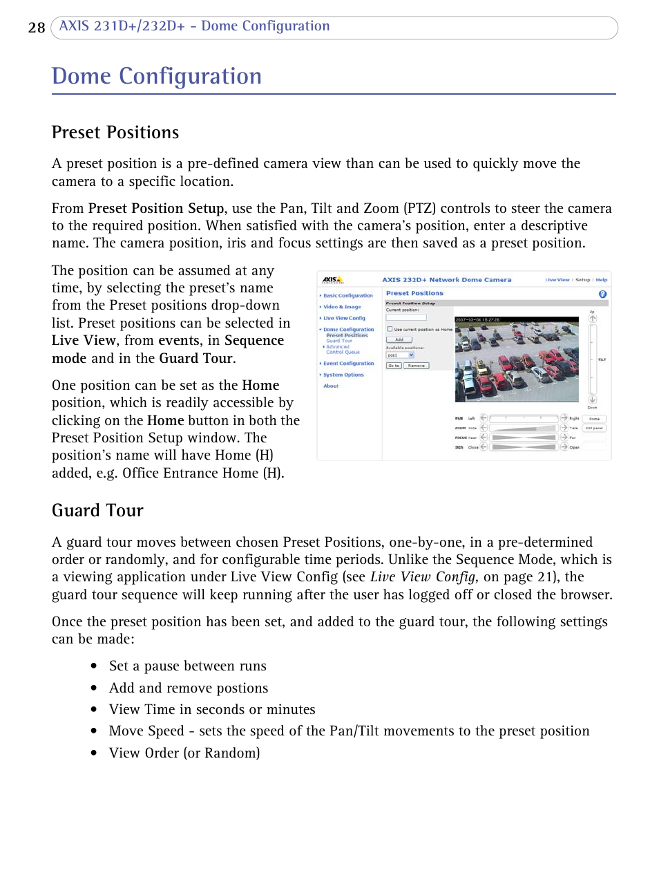 Dome configuration, Preset positions, Guard tour | Preset positions guard tour | Axis Communications 231D+/232D+ User Manual | Page 28 / 70