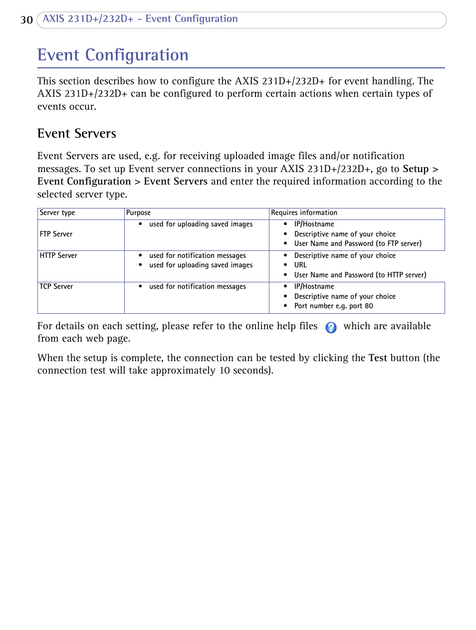 Event configuration, Event servers | Axis Communications 231D+/232D+ User Manual | Page 30 / 70