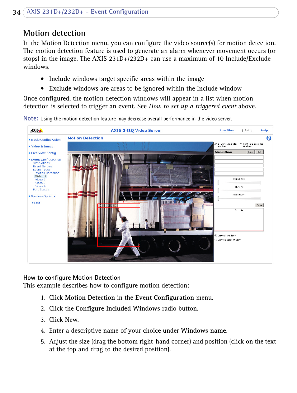 Motion detection | Axis Communications 231D+/232D+ User Manual | Page 34 / 70