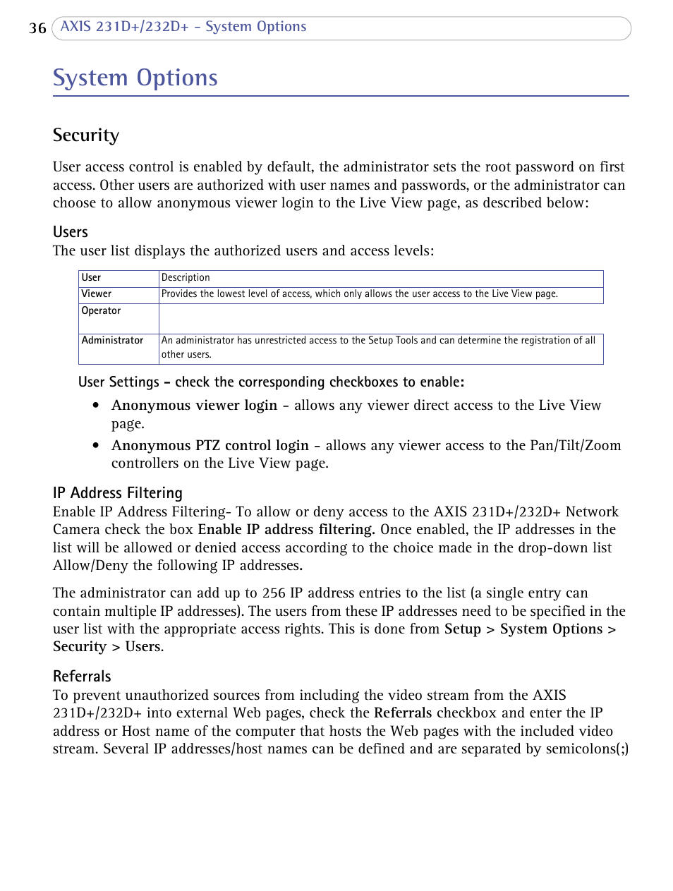 System options, Security | Axis Communications 231D+/232D+ User Manual | Page 36 / 70