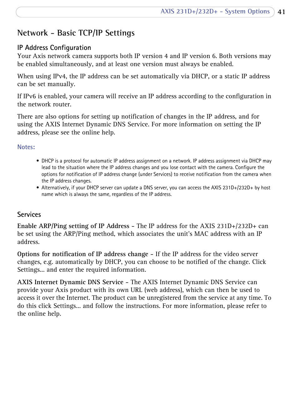 Network - basic tcp/ip settings | Axis Communications 231D+/232D+ User Manual | Page 41 / 70