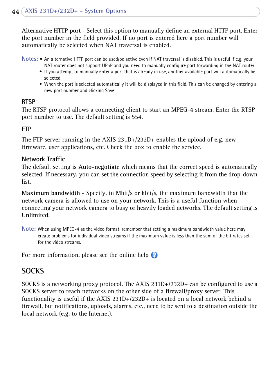 Socks | Axis Communications 231D+/232D+ User Manual | Page 44 / 70