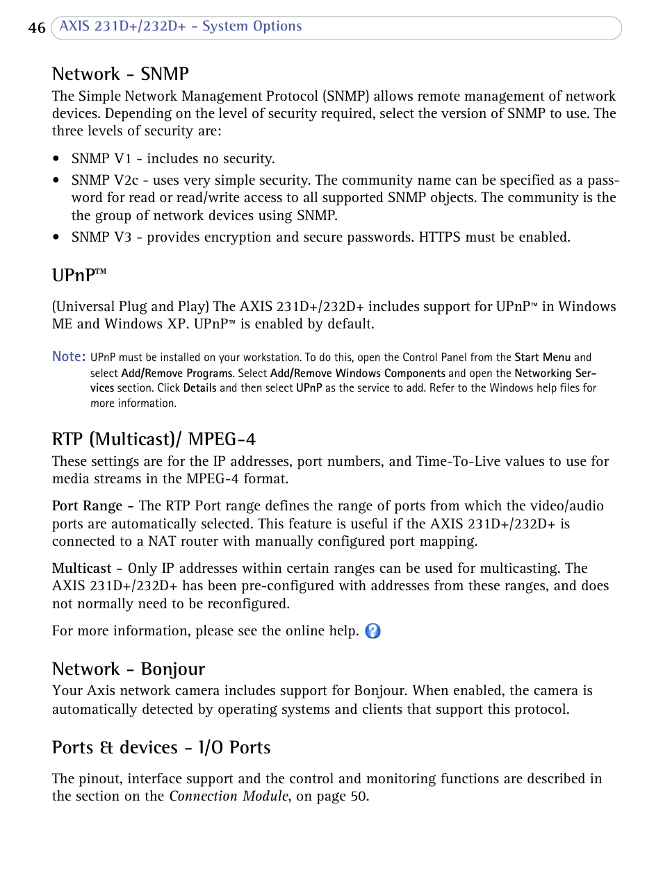 Network - snmp, Upnp, Rtp (multicast)/ mpeg-4 | Network - bonjour, Ports & devices - i/o ports | Axis Communications 231D+/232D+ User Manual | Page 46 / 70