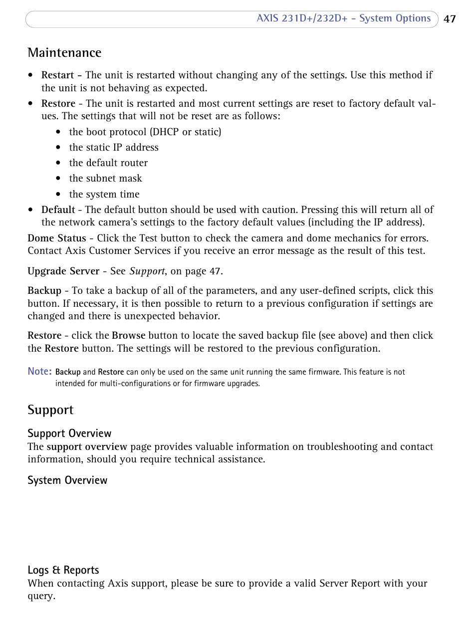Maintenance, Support, Maintenance support | Axis Communications 231D+/232D+ User Manual | Page 47 / 70