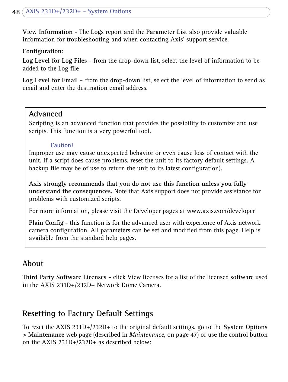 Advanced, About, Resetting to factory default settings | Axis Communications 231D+/232D+ User Manual | Page 48 / 70