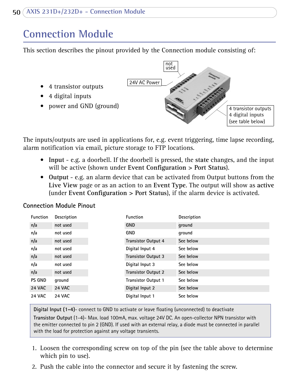 Connection module, Connection module , on | Axis Communications 231D+/232D+ User Manual | Page 50 / 70