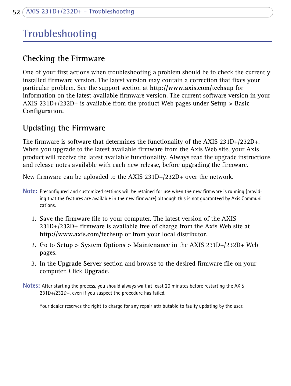 Troubleshooting, Checking the firmware, Updating the firmware | Checking the firmware updating the firmware | Axis Communications 231D+/232D+ User Manual | Page 52 / 70