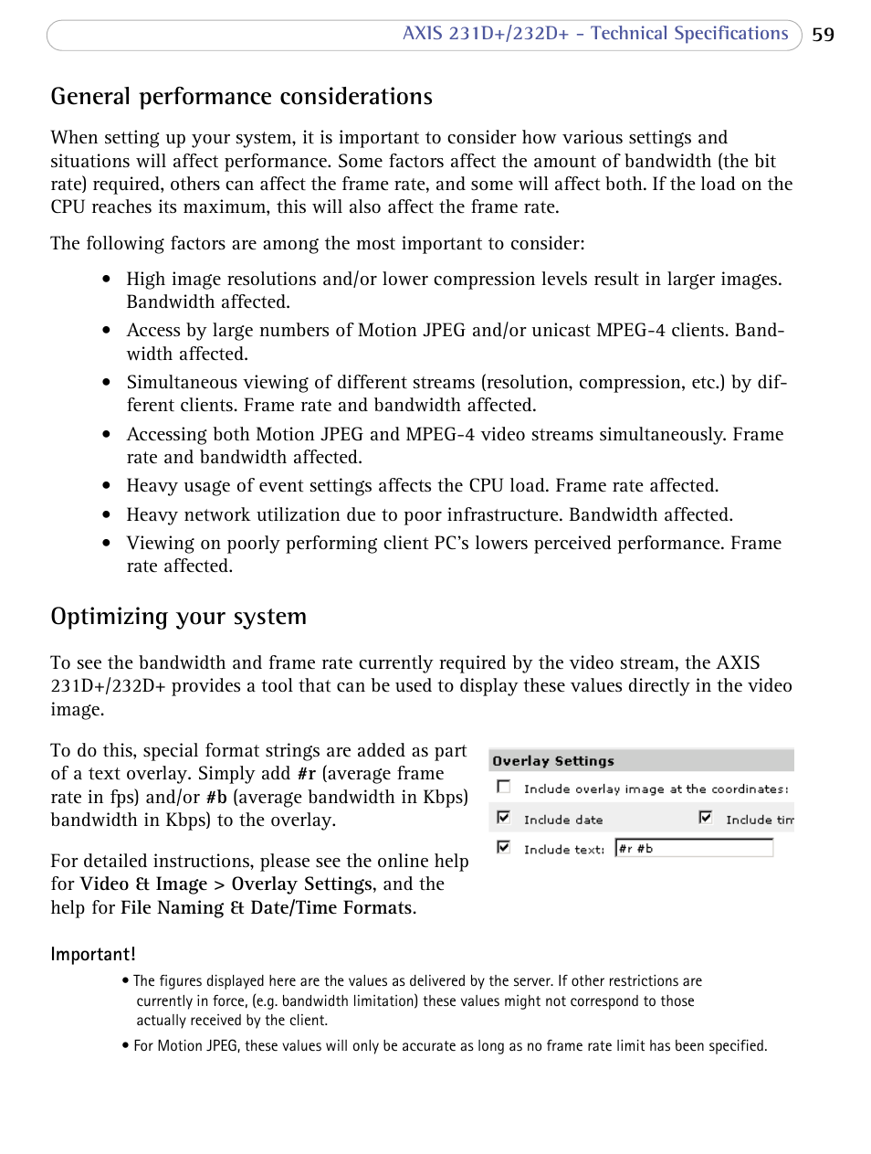 General performance considerations, Optimizing your system | Axis Communications 231D+/232D+ User Manual | Page 59 / 70