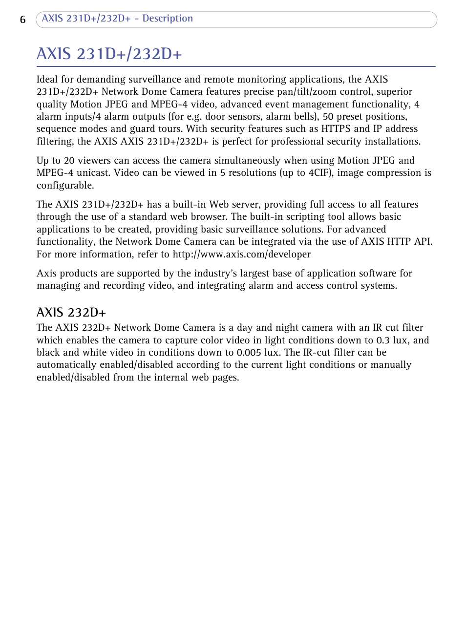 Axis 231d+/232d, Axis 232d | Axis Communications 231D+/232D+ User Manual | Page 6 / 70