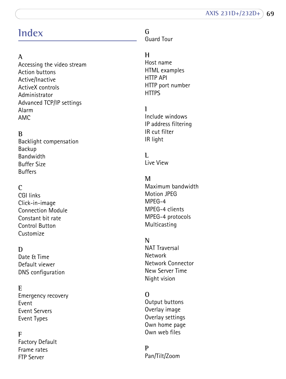 Index | Axis Communications 231D+/232D+ User Manual | Page 69 / 70