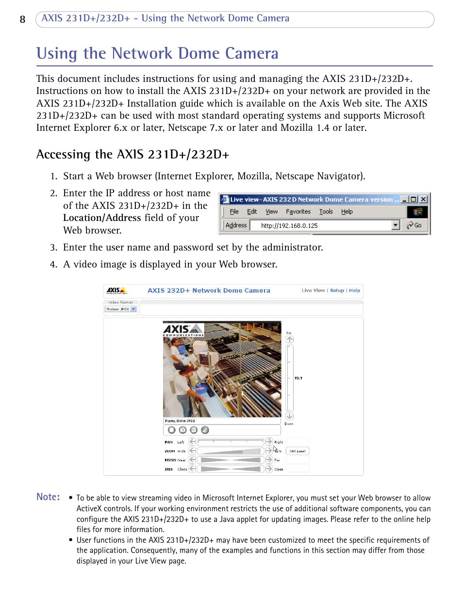 Using the network dome camera, Accessing the axis 231d+/232d | Axis Communications 231D+/232D+ User Manual | Page 8 / 70