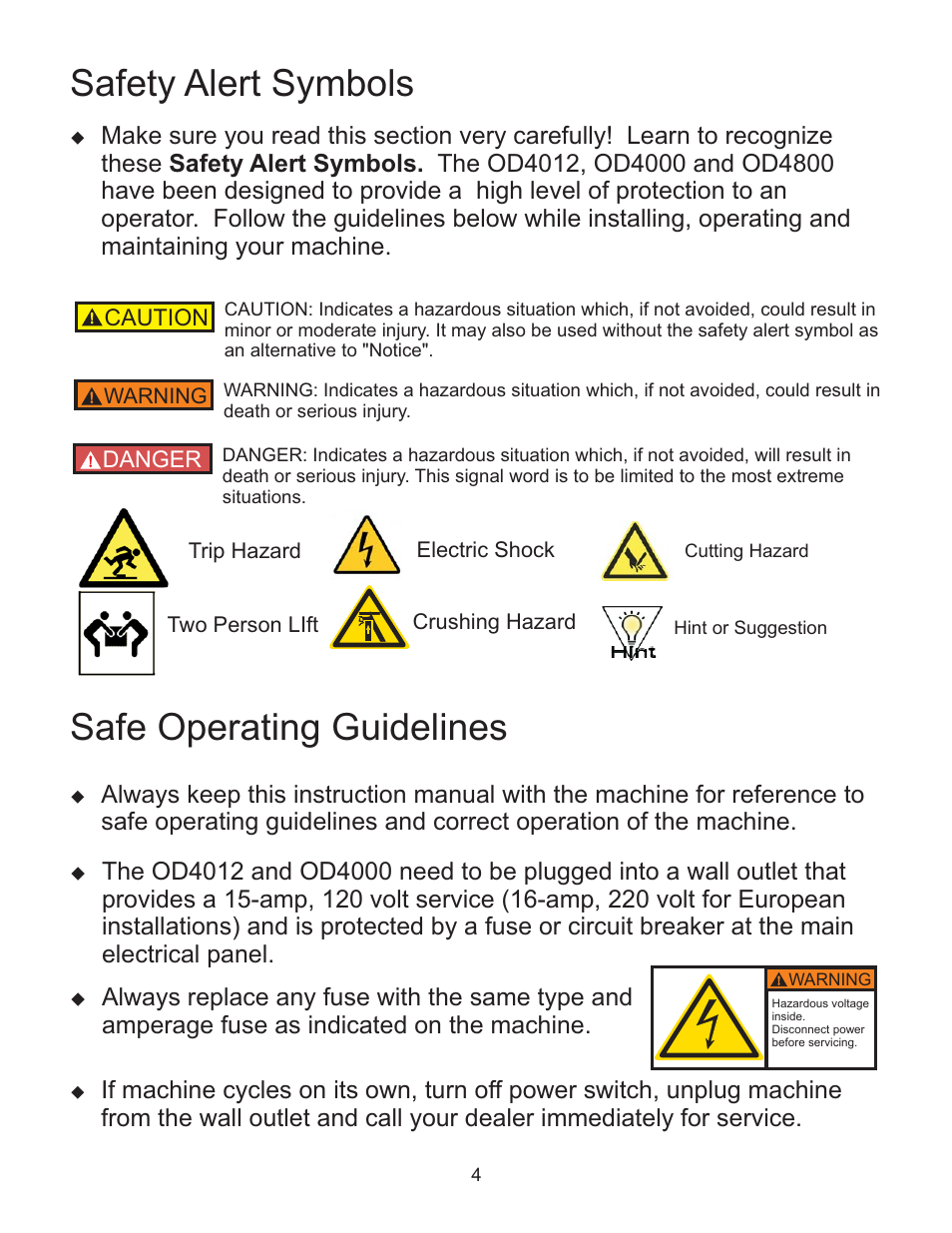 Safety alert symbols, Safe operating guidelines | Rhin-O-Tuff OD4012 User Manual | Page 6 / 16