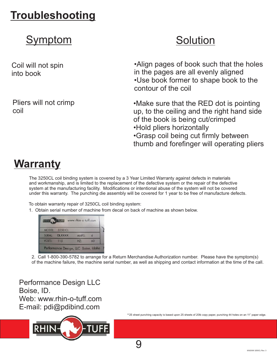 3250cl instruction rev 3 pg 9, Troubleshooting symptom solution, Warranty | Rhin-O-Tuff 3250CL User Manual | Page 10 / 11