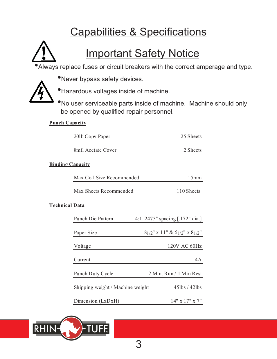 3250cl instruction rev 3 pg 3, Capabilities & specifications 3, Important safety notice | Rhin-O-Tuff 3250CL User Manual | Page 4 / 11