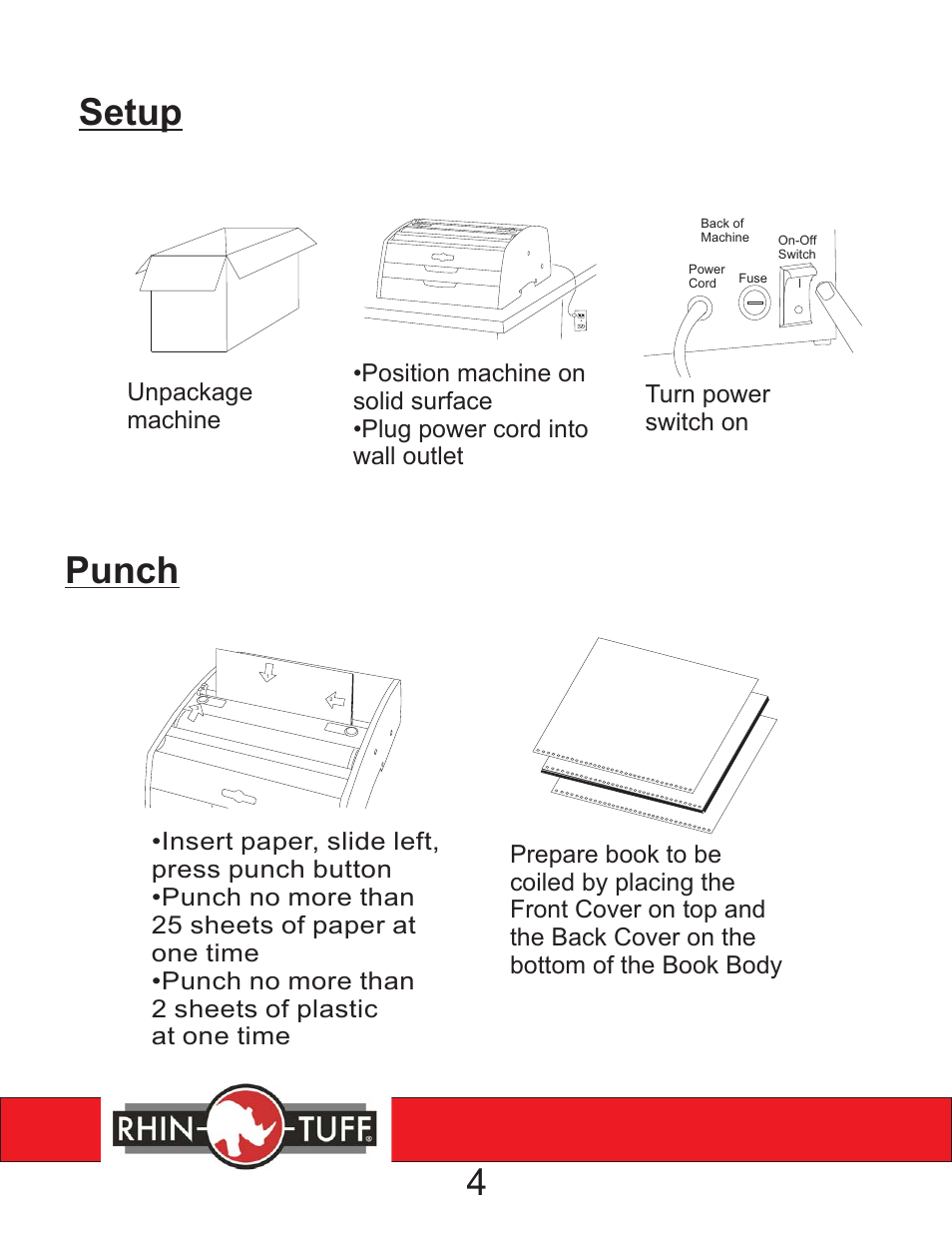 3250cl instruction rev 3 pg 4, Setup, Punch | Unpackage machine | Rhin-O-Tuff 3250CL User Manual | Page 5 / 11