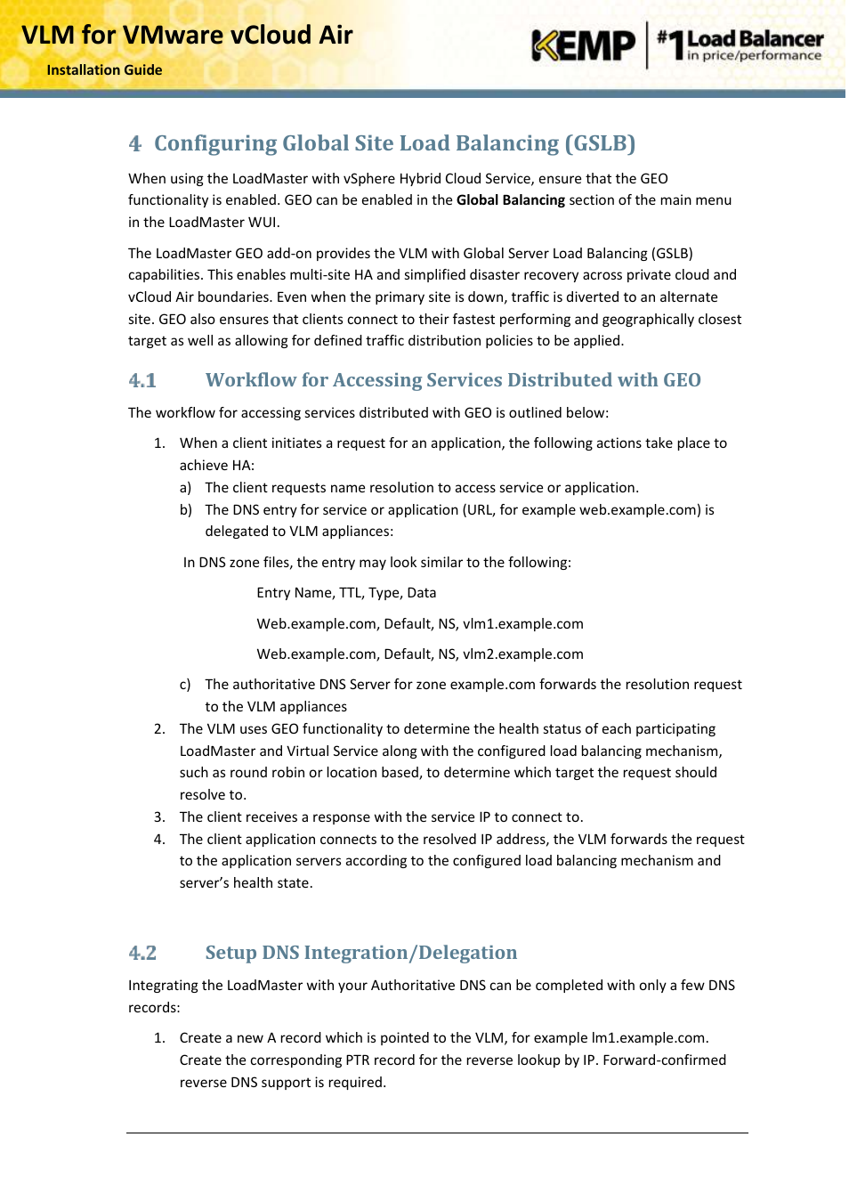 Configuring global site load balancing (gslb), Setup dns integration/delegation, Vlm for vmware vcloud air | KEMP vCloud Air User Manual | Page 14 / 24