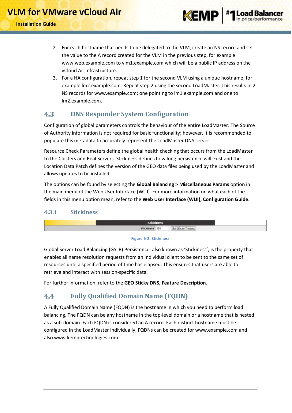 Dns responder system configuration, Stickiness, Fully qualified domain name (fqdn) | Vlm for vmware vcloud air | KEMP vCloud Air User Manual | Page 15 / 24