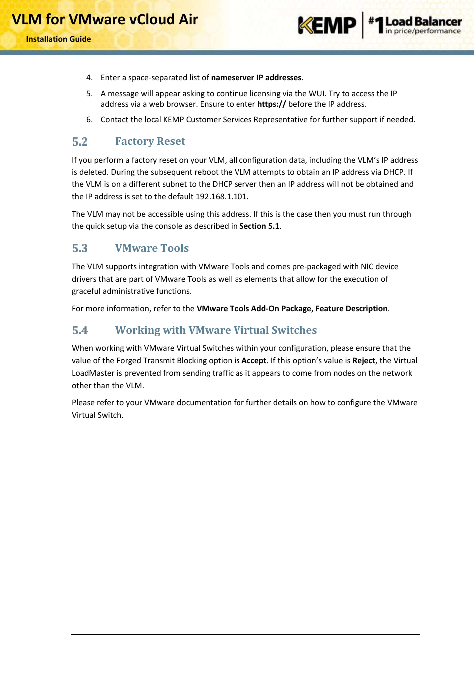 Factory reset, Vmware tools, Working with vmware virtual switches | Vlm for vmware vcloud air | KEMP vCloud Air User Manual | Page 22 / 24