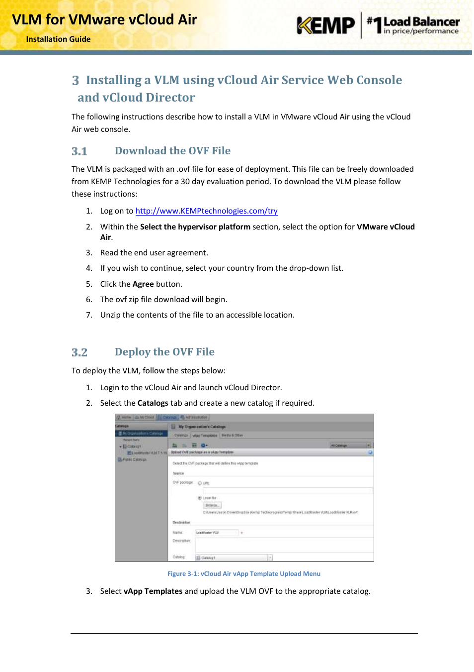 Download the ovf file, Deploy the ovf file, Vlm for vmware vcloud air | KEMP vCloud Air User Manual | Page 7 / 24