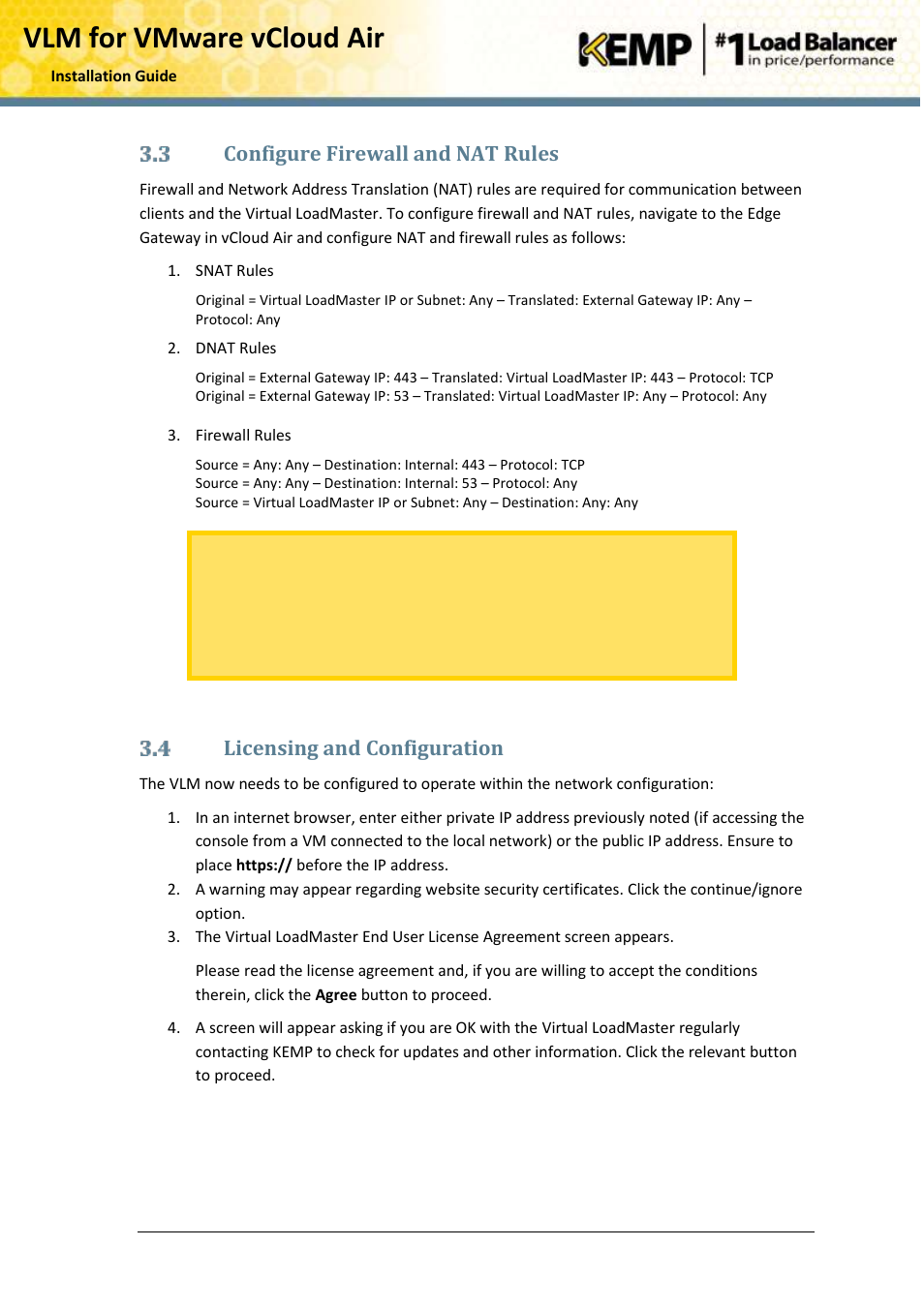 Configure firewall and nat rules, Licensing and configuration, Vlm for vmware vcloud air | KEMP vCloud Air User Manual | Page 9 / 24