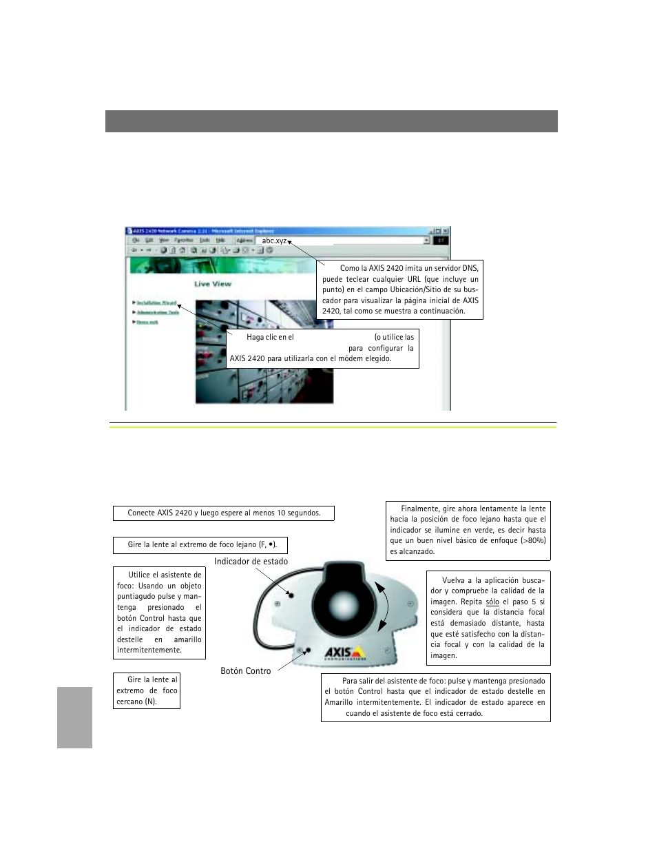 Enfocando la cámara, Verificando la conexión de módem | Axis Communications 2420 W/Lens User Manual | Page 100 / 103