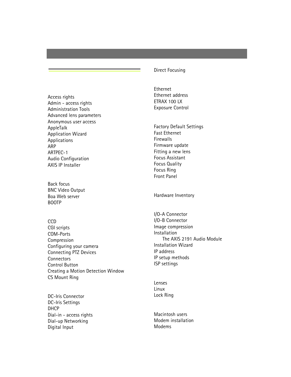 Index | Axis Communications 2420 W/Lens User Manual | Page 102 / 103
